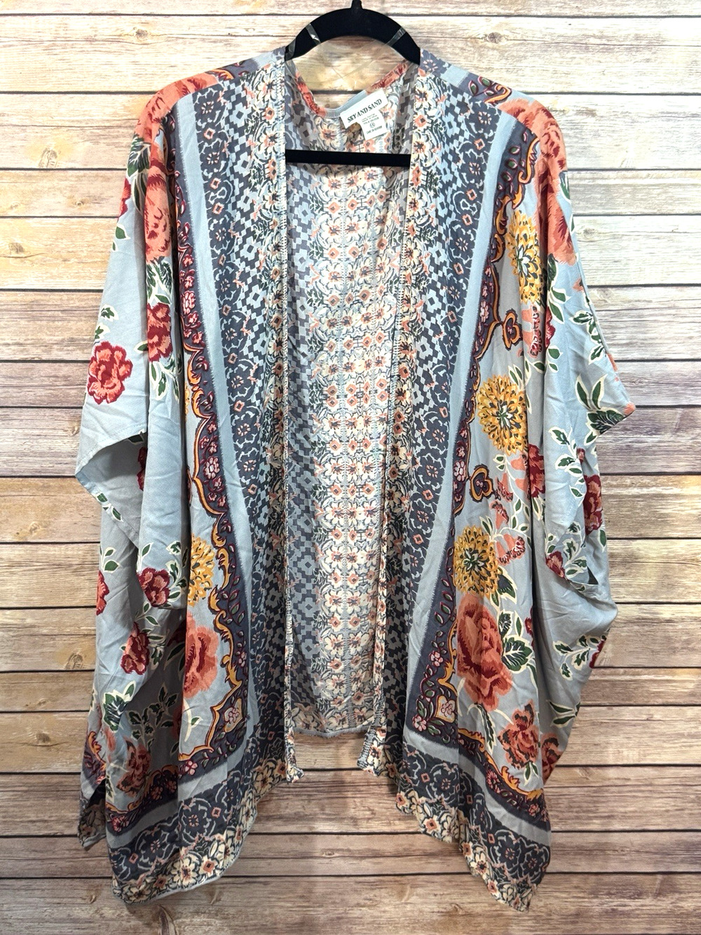 Sky and Sand Womens Light Blue Floral Open Front Bohemian Kimono 1X